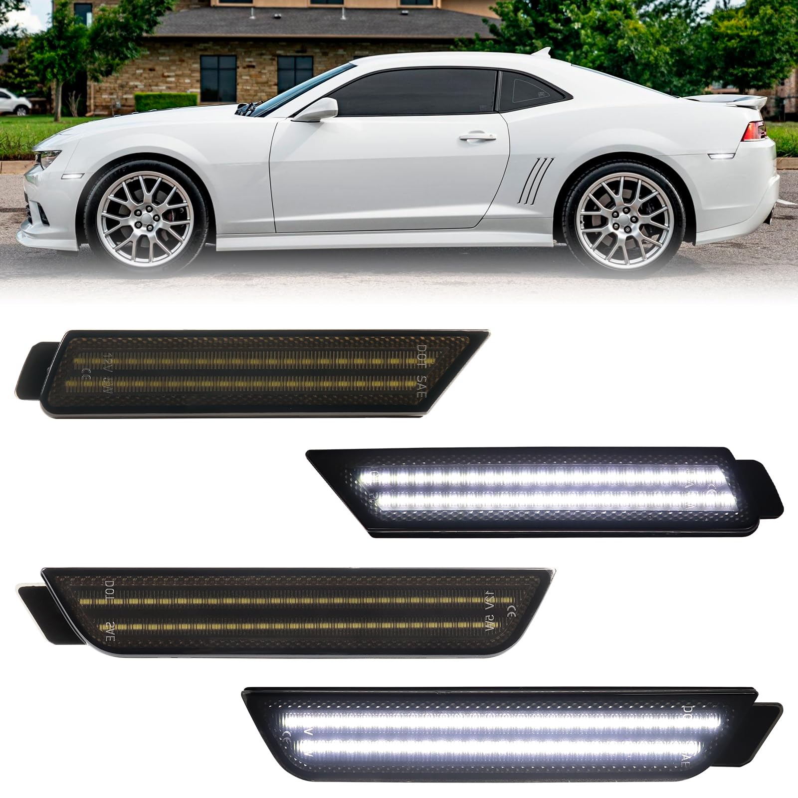 FetonAuto White LED Side Marker Lights for Chevy Camaro 2010 2011 2012 2013 2014 2015, Smoked Lens Front Rear Bumper Fender Marker Reflectors 4PCS von FetonAuto