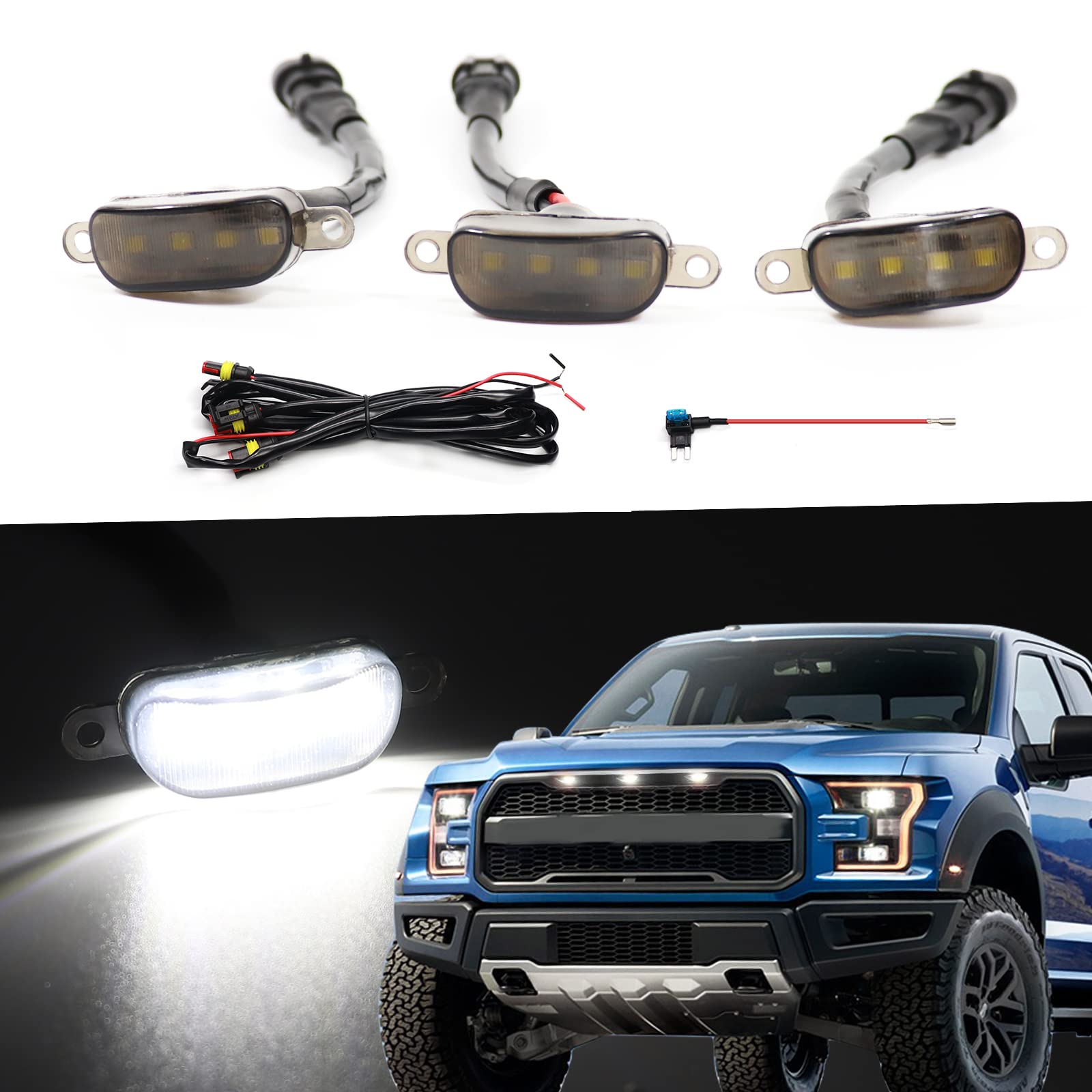 Front Grille Lights Compatible with 2010-2018 Ford F150 Raptor Style Aftermarket Grill, LED Grille Marker Lights Cars Grid Decorative Accessories, 3PCS with Fuse and Wire von FetonAuto