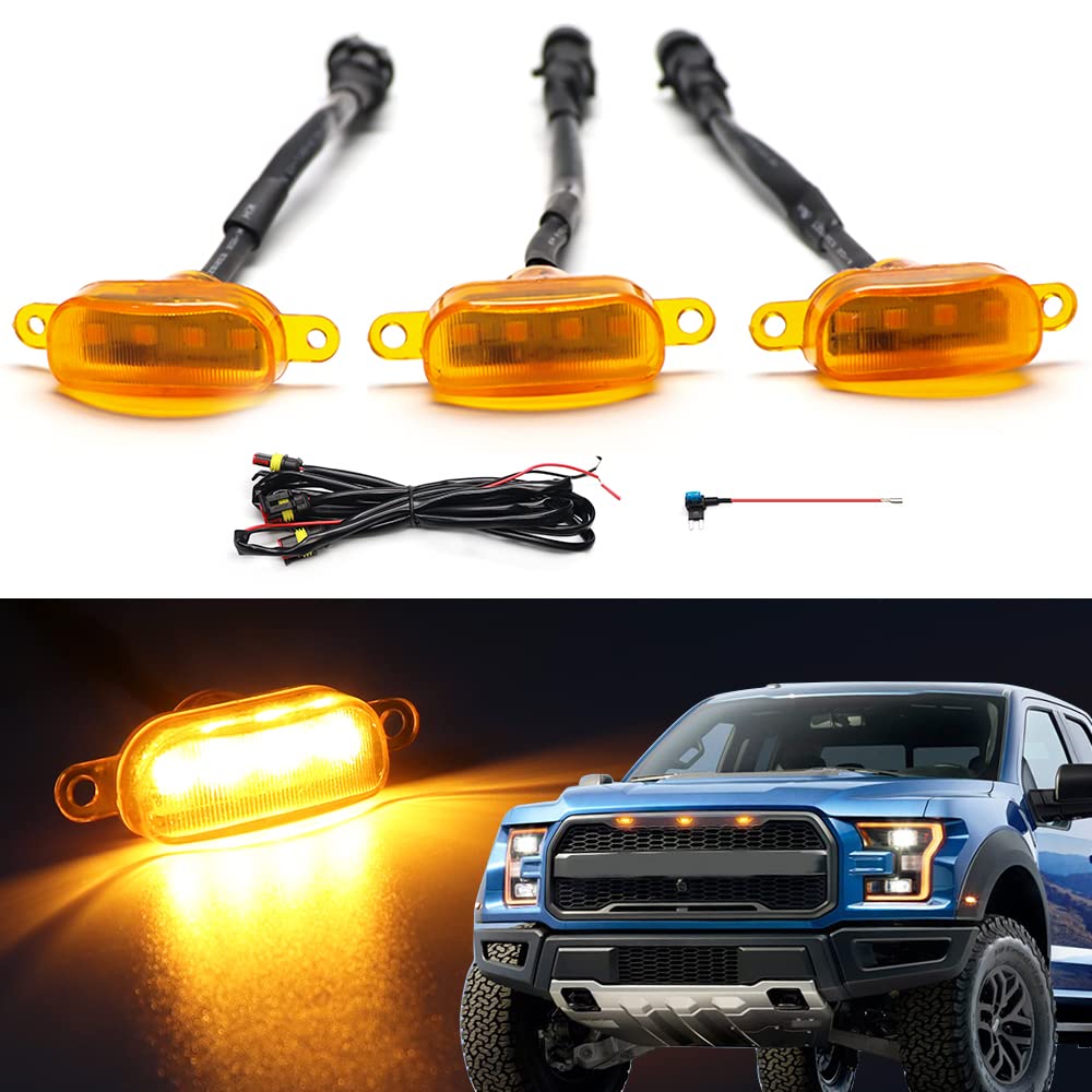 Front Grille Lights compatible with 2010-2018 Ford F150 Raptor Style Aftermarket Grill, LED Amber Grille Marker Lights Cars Grid Decorative Accessories, 3PCS with Fuse and Wire von FetonAuto