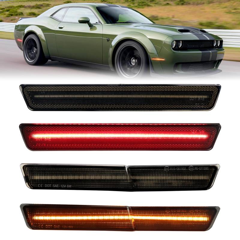 LED Bernstein Rot Vordere Hintere Seitenmarkierungsleuchten für Dodge Challenger SRT Hellcat Redeye Widebody 2018-2022, R/T Scat Pack Demon Super Stock Jailbreak, Räucherlinse von FetonAuto