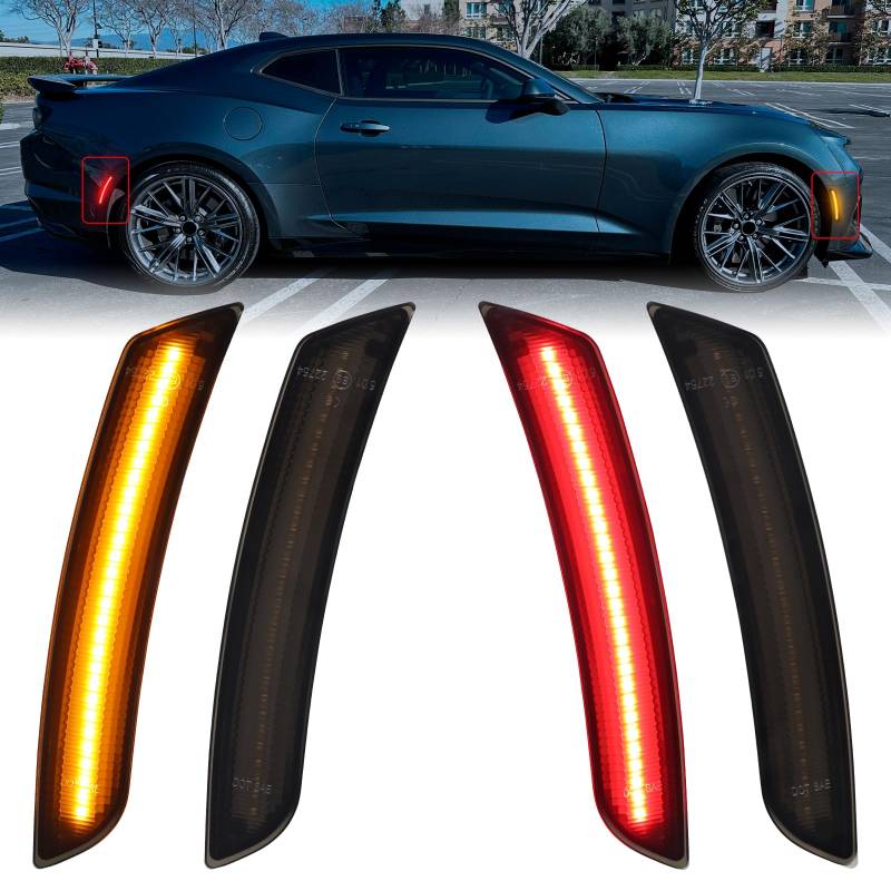 FetonAuto Seitenblinker Gelb Ultra Bright Car Side Lights Kompatibel mit Chevy Camaro 2016 2017 2018 2019 2020 2021 2022 2023, Front & Rear Amber Red LED Side Marker Light, 4pcs/set von FetonAuto