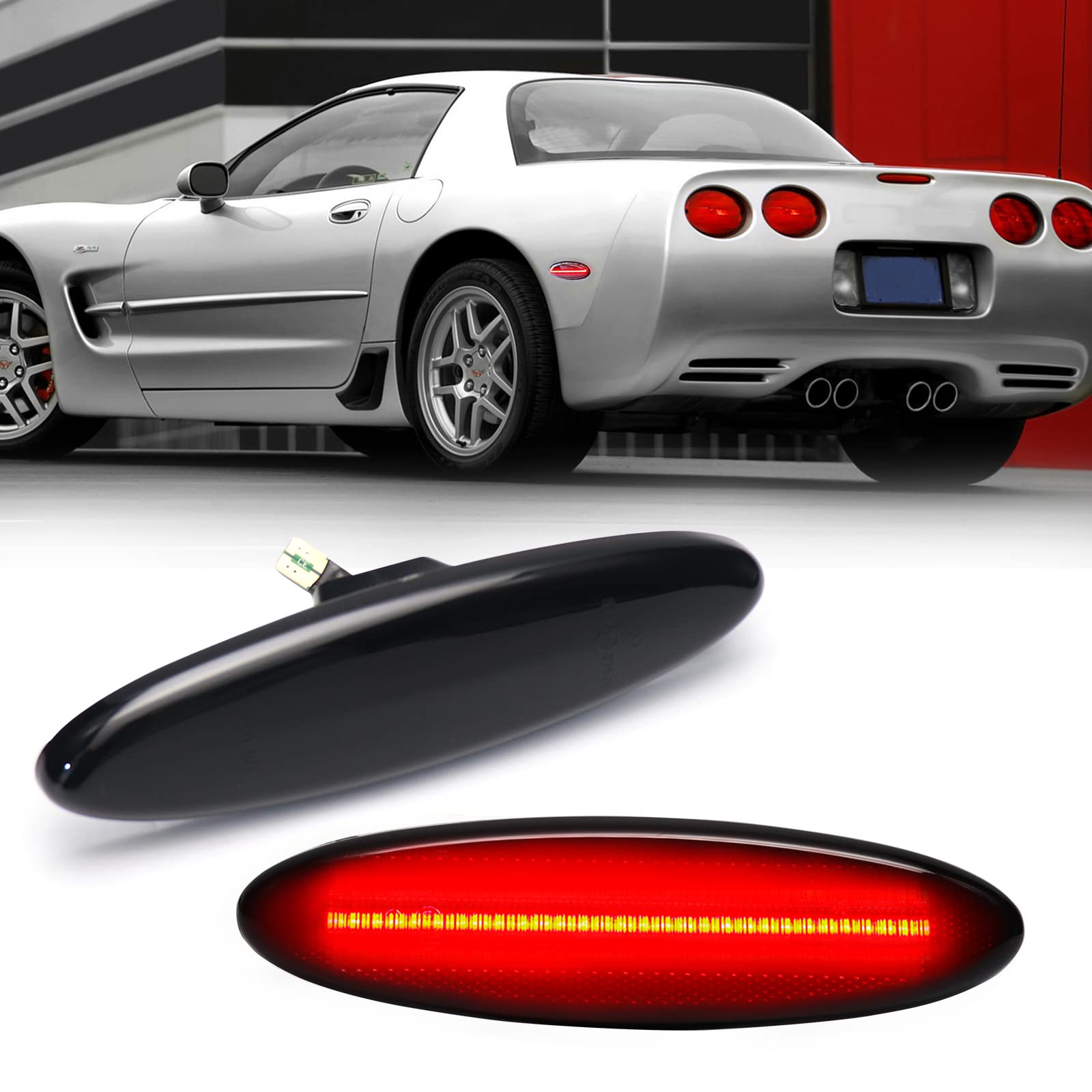 Smoked Lens LED Rear Side Marker Lights for 1997-2004 Corvette C5 Z06, Smoked Red LED Rear Bumper Side Marker Reflectors Fender Turn Signal Lamps von FetonAuto