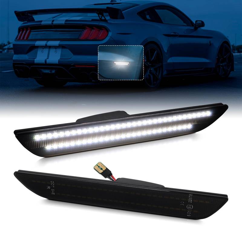 FetonAuto White Full LED Side Marker Lights for Ford Mustang 2015-2023 Rear Bumper Reflector, Smoked Black Lens 2PCS Driver & Passenger Side von FetonAuto