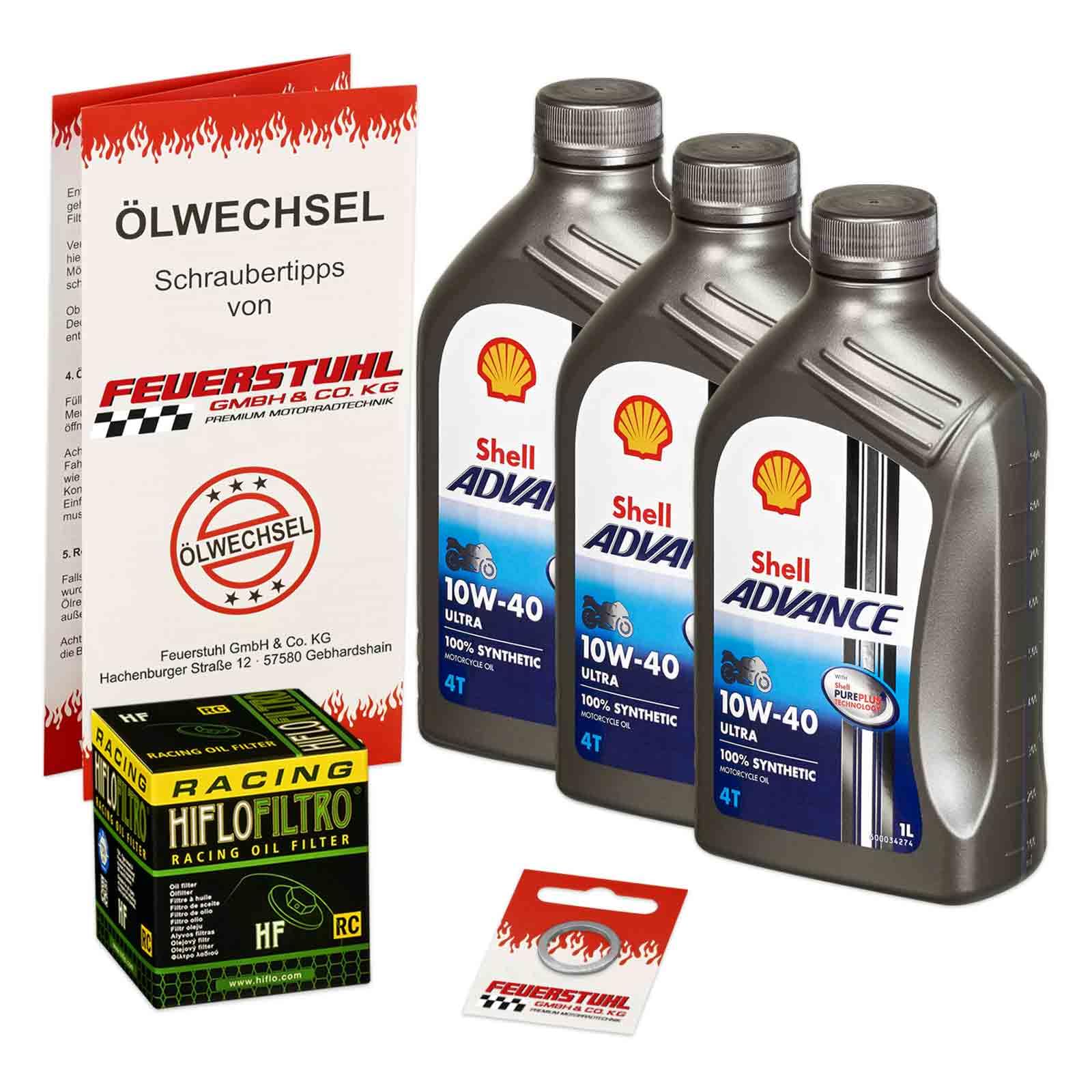 Öl & Ölfilter für Honda CBR 500 R, 2016-2018 (PC57) / Ölwechsel Set/Shell 10W-40 Motoröl + HiFlo RACING Filter + Dichtring(e) von Feuerstuhl GmbH & Co. KG