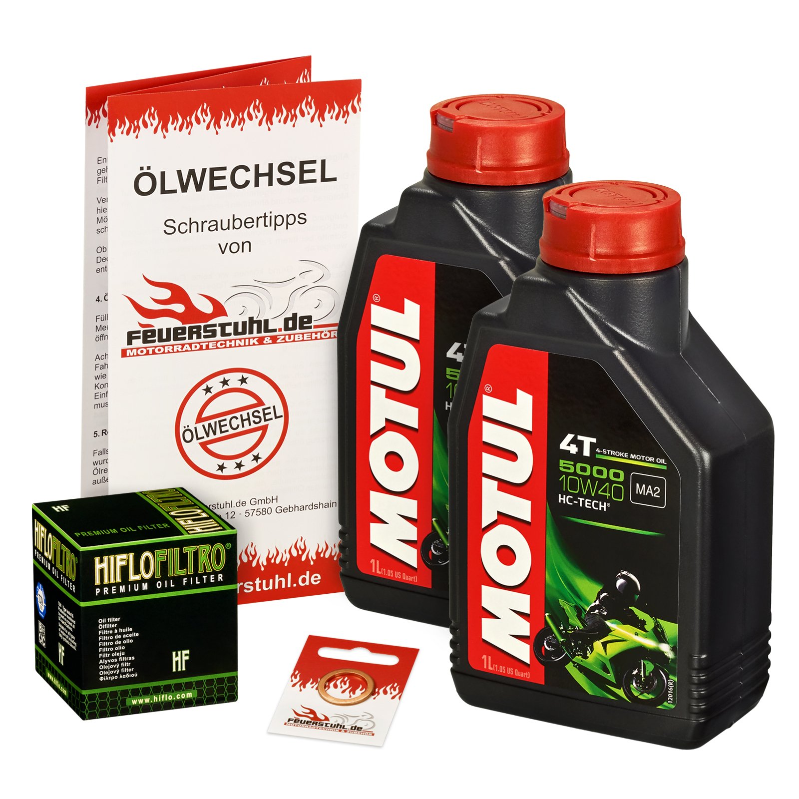 Motul 10W-40 Öl + HiFlo Ölfilter für Kawasaki KEF 300 Lakota, 01-03 - Ölwechselset inkl. Motoröl, Filter, Dichtring von Feuerstuhl.de GmbH