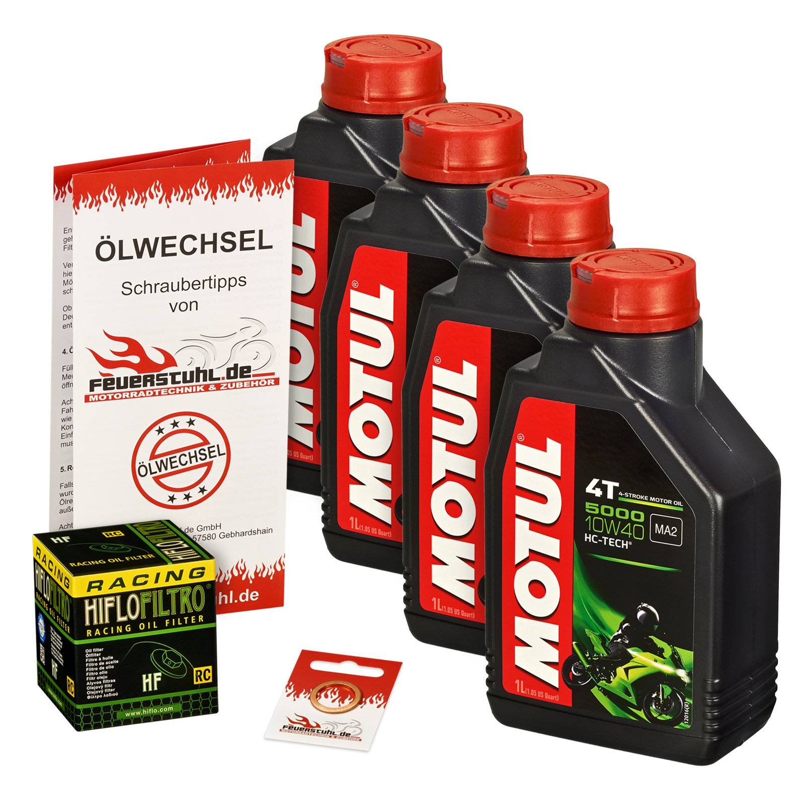 Motul 10W-40 Öl + HiFlo Ölfilter für Kawasaki Ninja ZX6R 636 02-06 ZX636A ZX636B ZX636C - Ölwechselset inkl. Motoröl, Racing Filter, Dichtring von Feuerstuhl.de GmbH