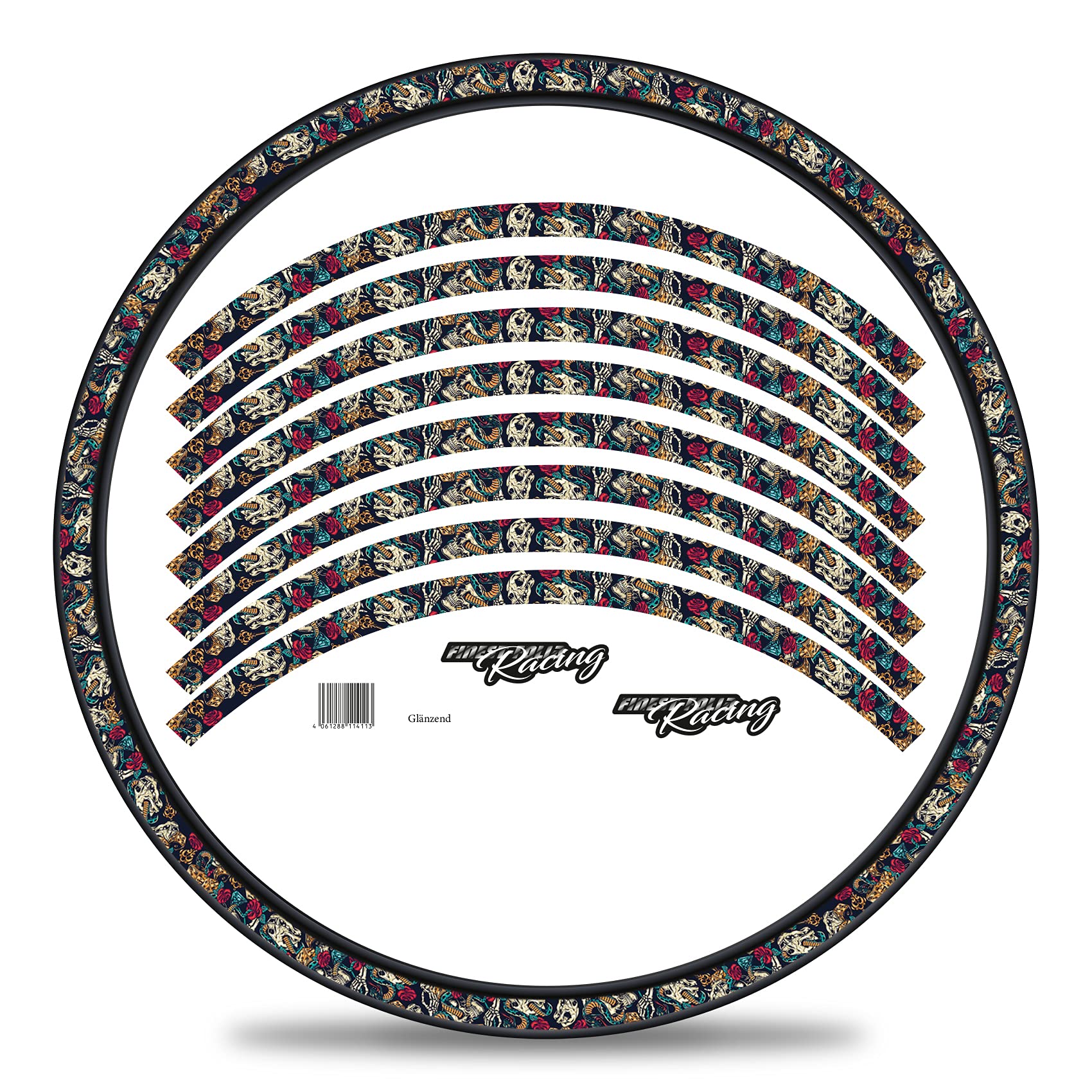 16-teiliges Set Felgenrandaufkleber Sticker für Fahrrad Felgen in verschiedenen Designs Komplett Set für 27" 29" für Ebike Rennrad Mountainbike MTB Laufrad RX034 (Nr. 5 Skulls and Snakes, Glanz) von Finest Folia