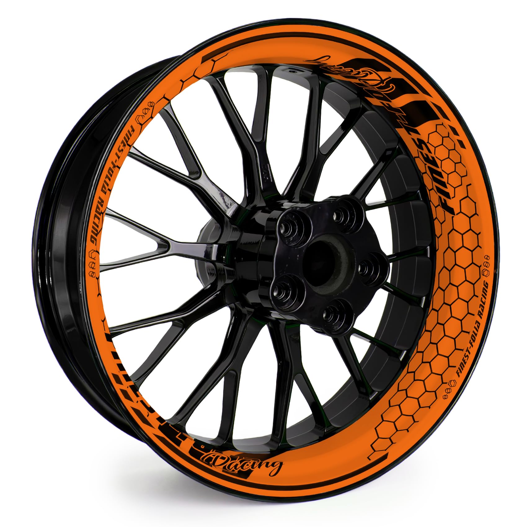 4-teiliges Felgenbettaufkleber Set für 17 Zoll Felgen Komplett Dekor Folie für Motorrad Felgenrandaufkleber selbstklebend wasserfest uv-beständig MR021 (11-04 Neon Orange FF Racing) von Finest Folia