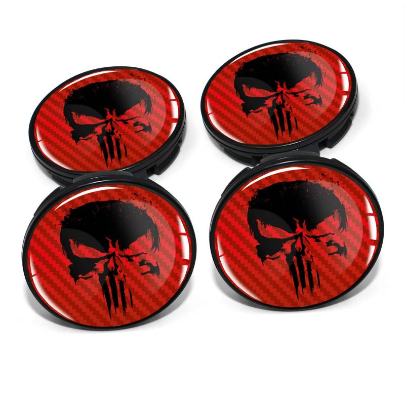 4 x Nabendeckel 60mm Durchmesser Nabenkappen Felgendeckel Felgenaufkleber Gel Emblem Doming für Auto Felgen Kfz Tuning Zubehör Radnabenkappen DM006 (Nr. 4 Punisher Carbon red, Nabendeckel Set) von Finest Folia