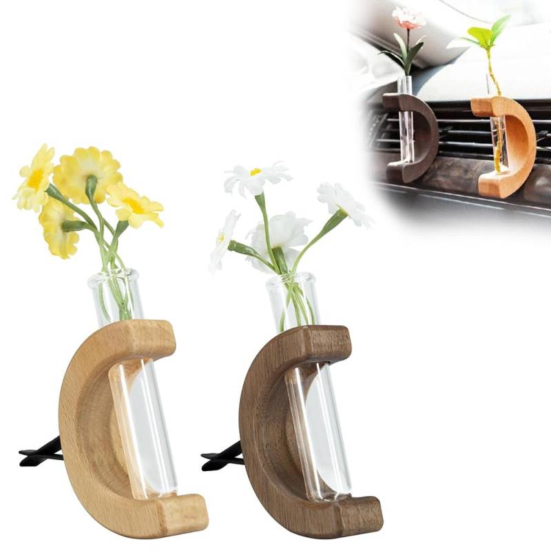 Fiotha Blumenvase für Auto-Lüftungsöffnungen, 2 Stücke C-förmiger Auto-Vasen-Clip, Reagenzgläser für Blumen, Reagenzglas Vase, Holzsockel, Mini-Glas-Auto-Blumenvasen-Clip für DIY Auto-Innendekoration von Fiotha