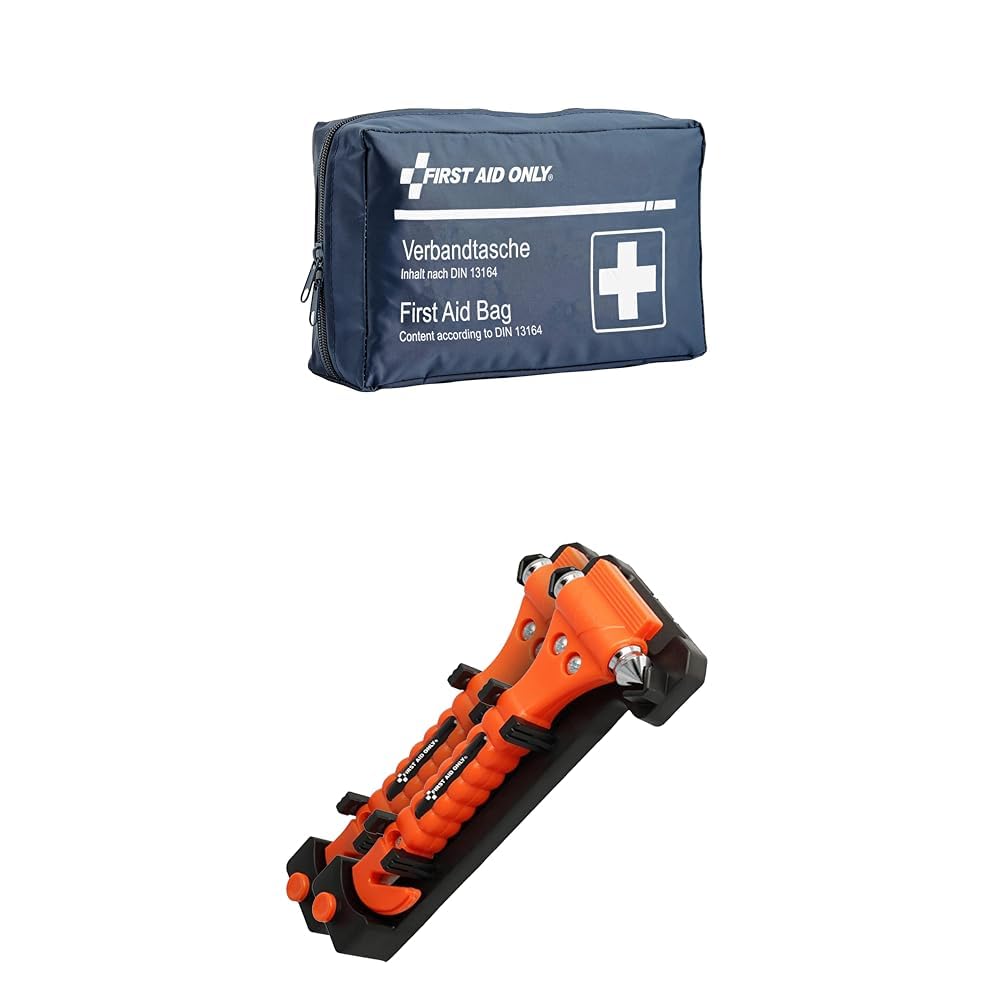 Bundle aus First Aid Only Kfz Verbandtasche DIN 13164 + First Aid Only 2-in-1 Notfallhammer mit Gurtschneider (2 Stück) von First Aid Only