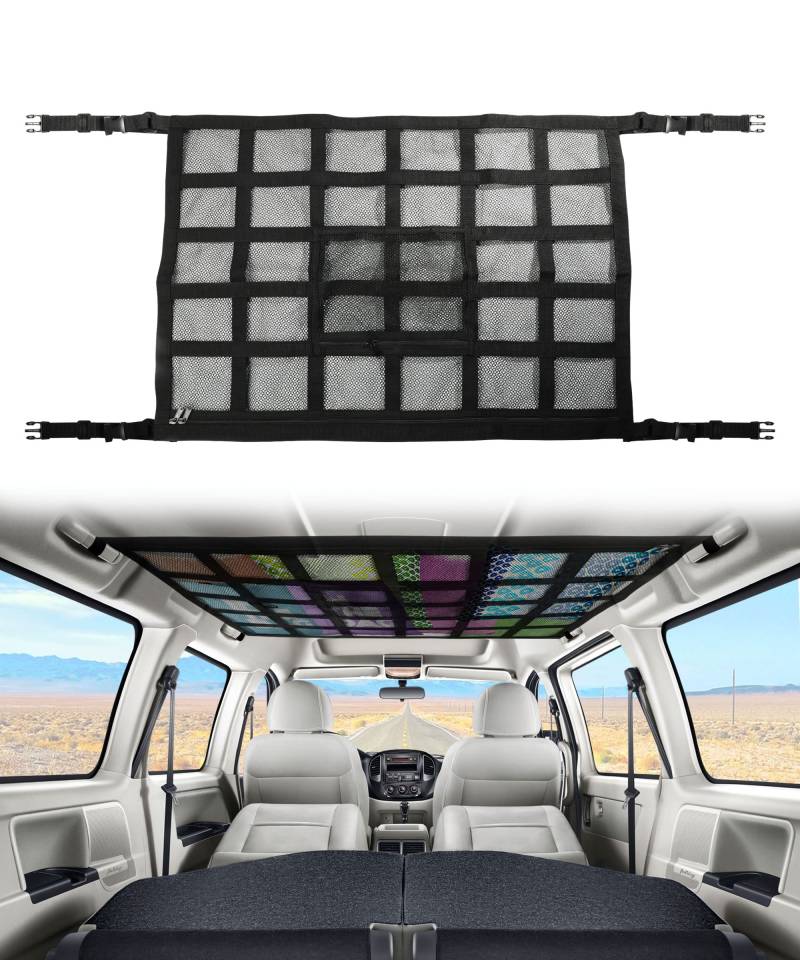 Flaconi 80x55cm Gepäcknetz Auto,Camping Zubehör Auto,Camping Auto,Gepäcknetz Wohnmobil,Doppellagige Autodach Aufbewahrung für Decken,Autonetz Organizer für Vier Dacharmlehnen,SUV,Van,Kofferraum von Flaconi