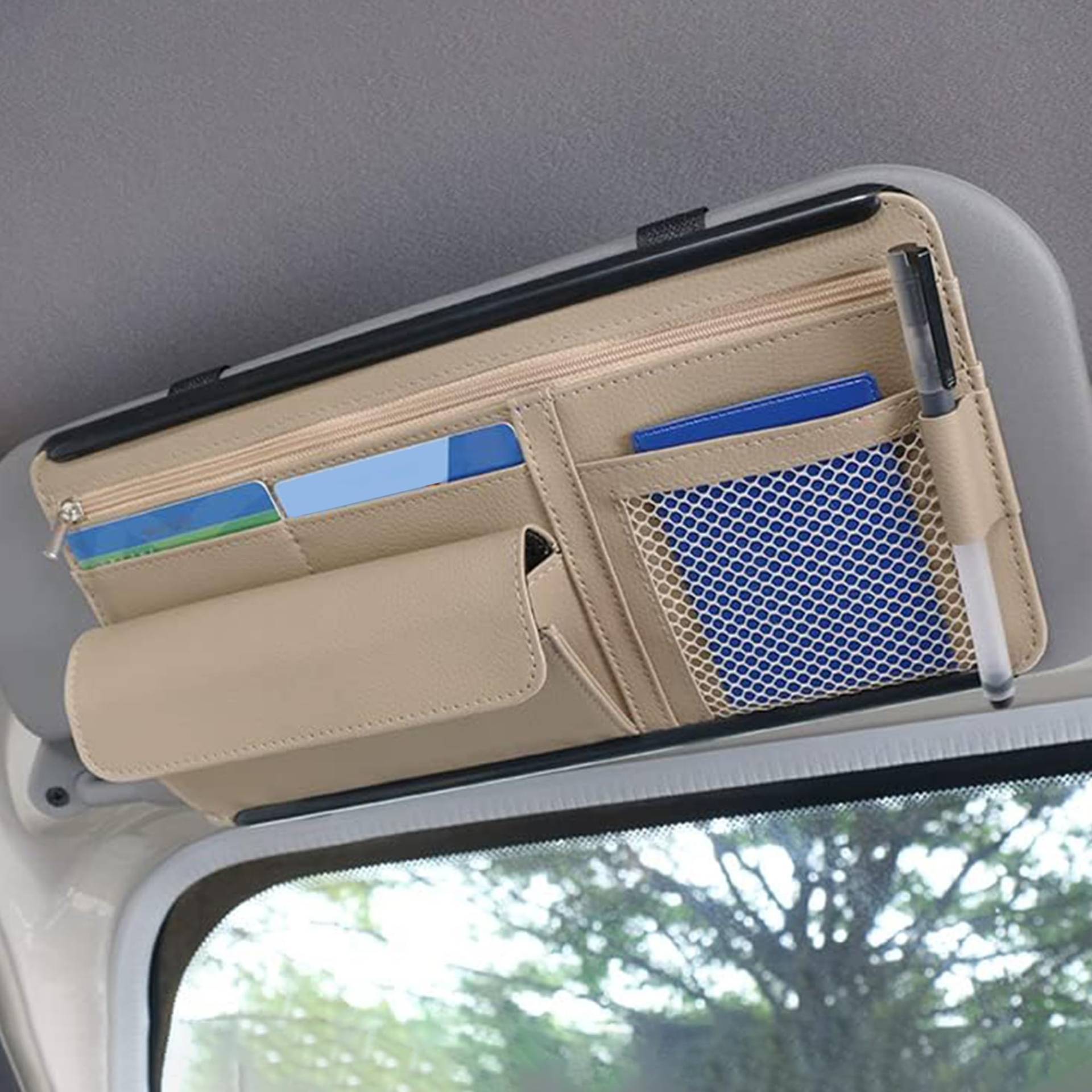 Flaconi Auto Sonnenblende Organizer,Sonnenblende Organizer,Auto Zubehör,Leder Kartenhalter Einstellbare Sonnenblende Organizer,Auto Multifunktionale Aufbewahrungstasche Für Sonnenbrillen (Beige) von Flaconi