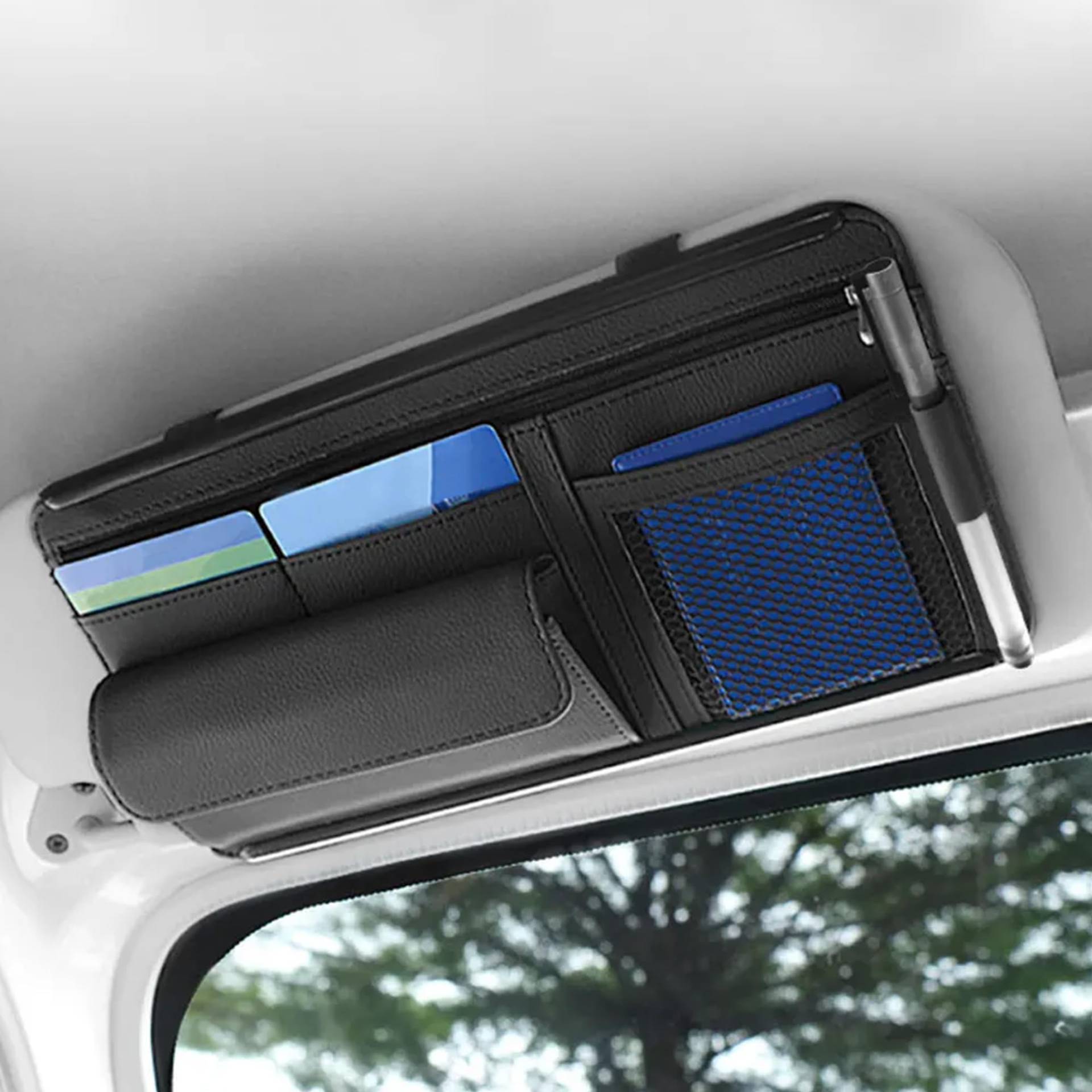 Flaconi Auto Sonnenblende Organizer,Sonnenblende Organizer,Auto Zubehör,Leder Kartenhalter Einstellbare Sonnenblende Organizer,Auto Multifunktionale Aufbewahrungstasche Für Sonnenbrillen (Schwarz) von Flaconi