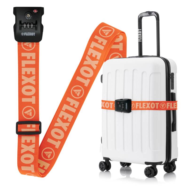 Flexot® F-3046 | Koffergurt mit Clip-Schnalle, TSA + Zahlenschloss | Verstellbare Länge | reißfestes Gewebe | für alle Koffer wie Handgepäck, Reisekoffer aus ABS oder Stoff (Orange) von Flexot