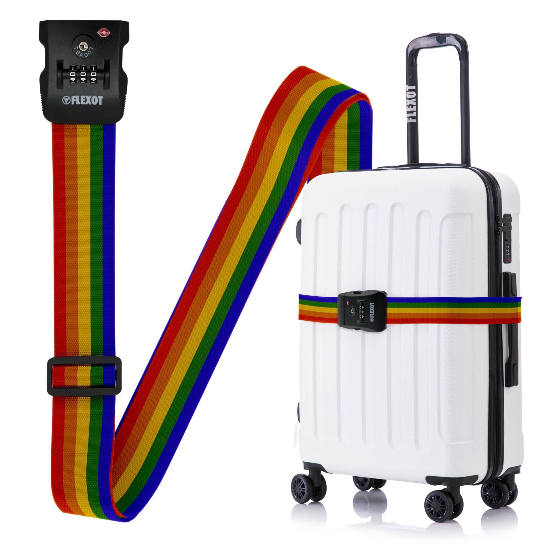 Flexot® F-3046 | Koffergurt mit Clip-Schnalle, TSA + Zahlenschloss | Verstellbare Länge | reißfestes Gewebe | für alle Koffer wie Handgepäck, Reisekoffer aus ABS oder Stoff (Regenbogen) von Flexot