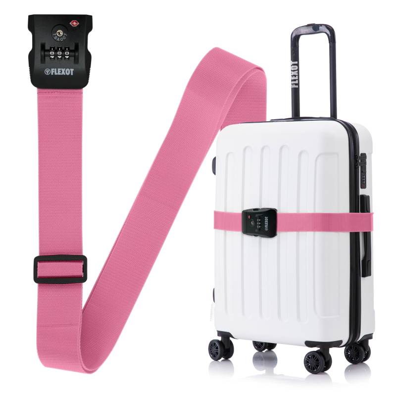 Flexot® F-3046 | Koffergurt mit Clip-Schnalle, TSA + Zahlenschloss | Verstellbare Länge | reißfestes Gewebe | für alle Koffer wie Handgepäck, Reisekoffer aus ABS oder Stoff (Rosa) von Flexot