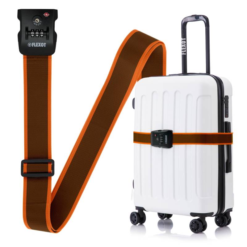 Flexot® F-3046 | Koffergurt mit Clip-Schnalle, TSA + Zahlenschloss | Verstellbare Länge | reißfestes Gewebe | für alle Koffer wie Handgepäck, Reisekoffer aus ABS oder Stoff (Orange-Braun) von Flexot