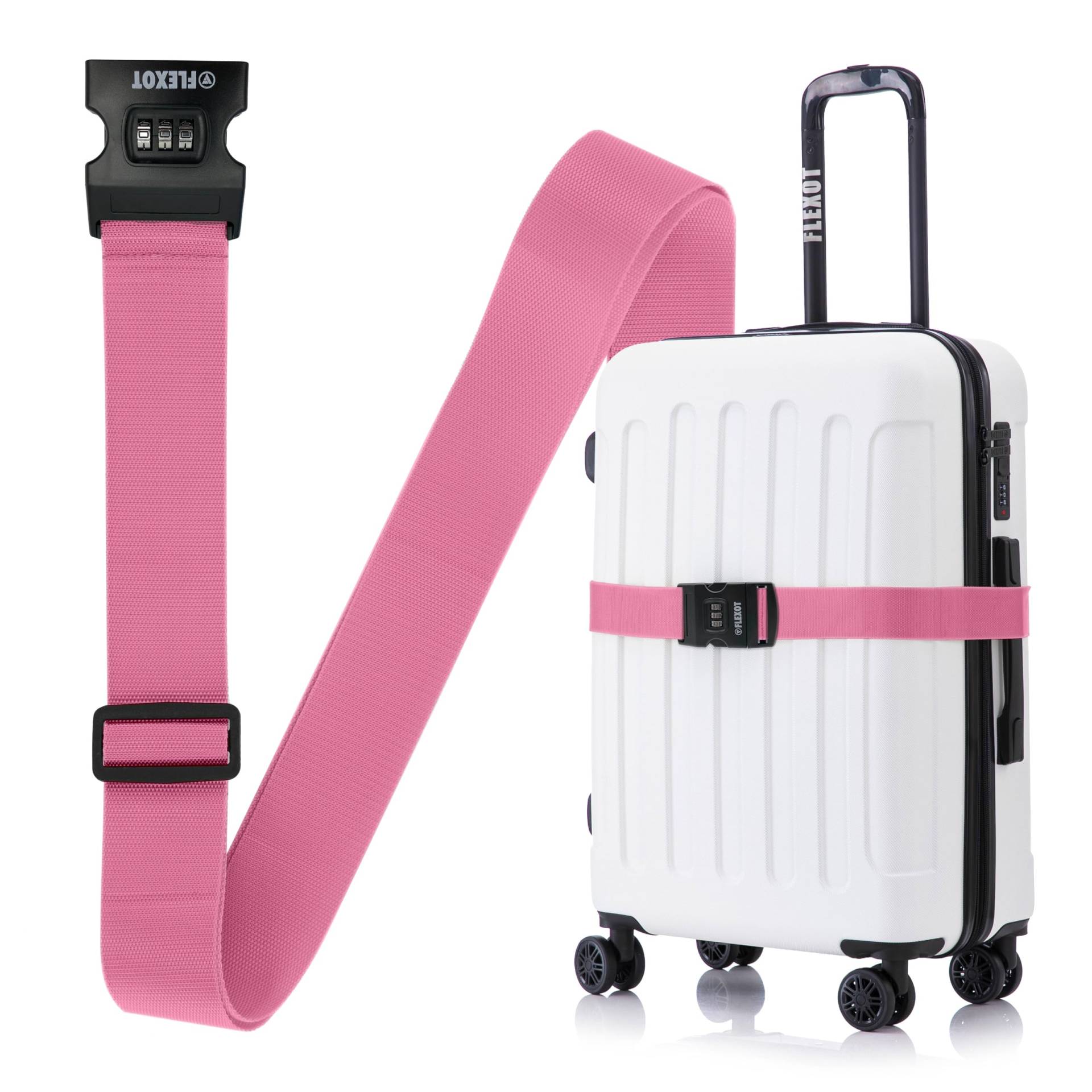 Flexot® F-3046 | Koffergurt mit Clip-Schnalle und Zahlenschloss | Verstellbare Länge | reißfestes Gewebe | für alle Koffer wie Handgepäck, Reisekoffer aus ABS oder Stoff (Rosa) von Flexot