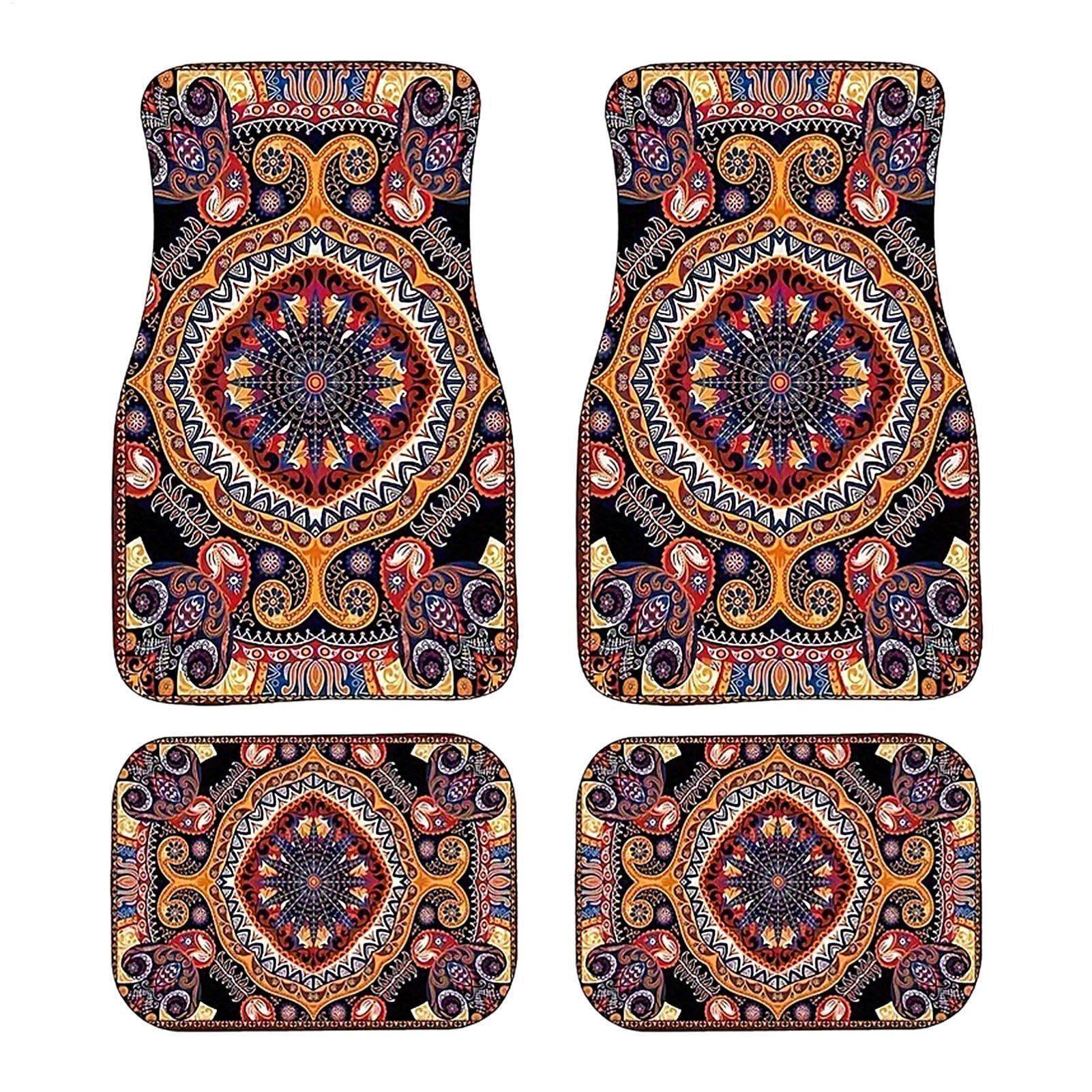 Flkiglm 4 Stück Automatten, Boho-Auto-Fußmatte, Retro-Design-Automatten, Retro Boho Auto Fußmatten Set, Auto-Fußmatten Vorne Und Hinten, Automatten, Faser-Polyester-Autoteppichmatte von Flkiglm