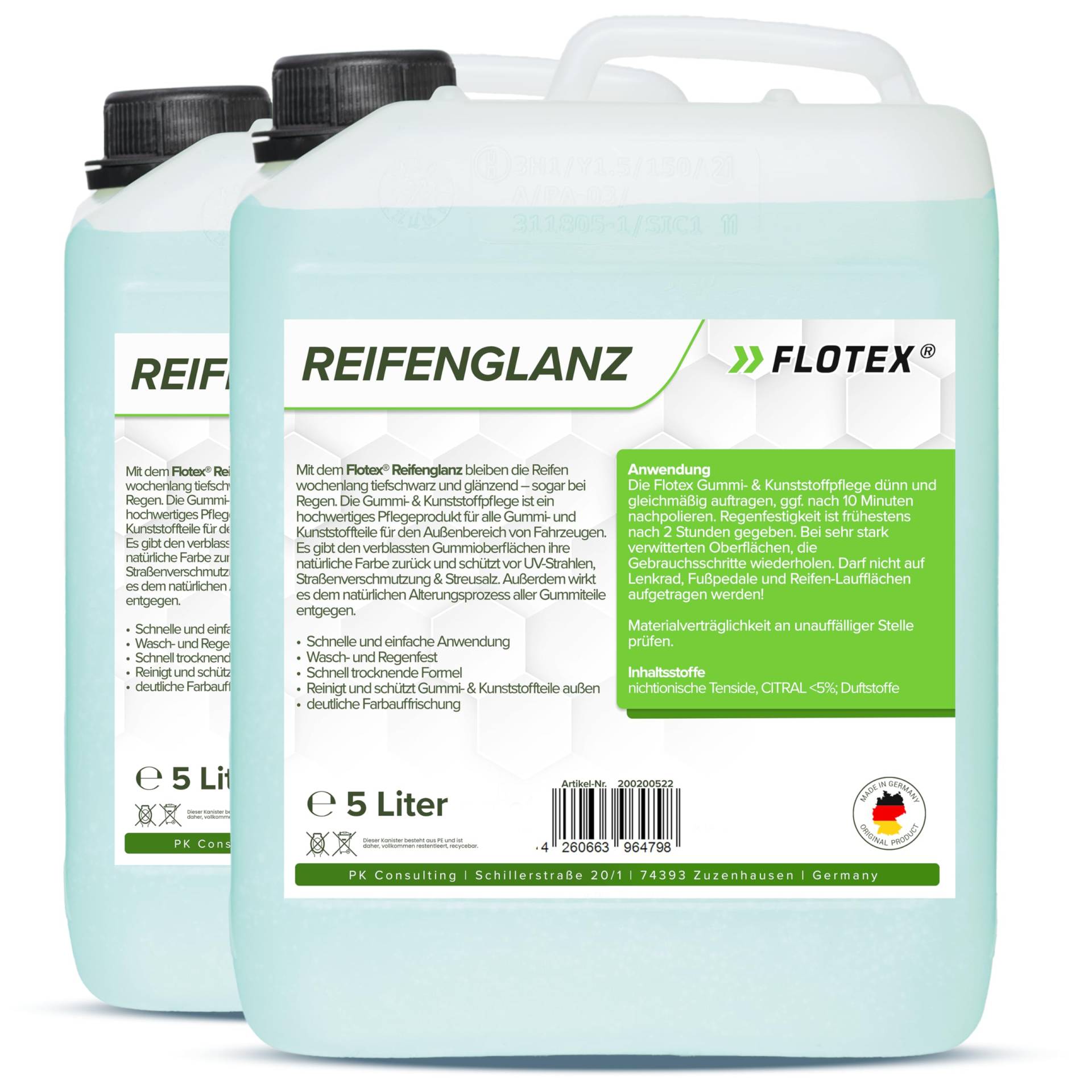 Flotex® 2 x 5L Reifenglanz - Auto Kunststoffpflege & Gummipflege für Außen - Schwarz - Reifenpflege für Reifenglanz - Autoreifen Pflege und Reifen Reiniger - Reifenschwarz Auto von Flotex