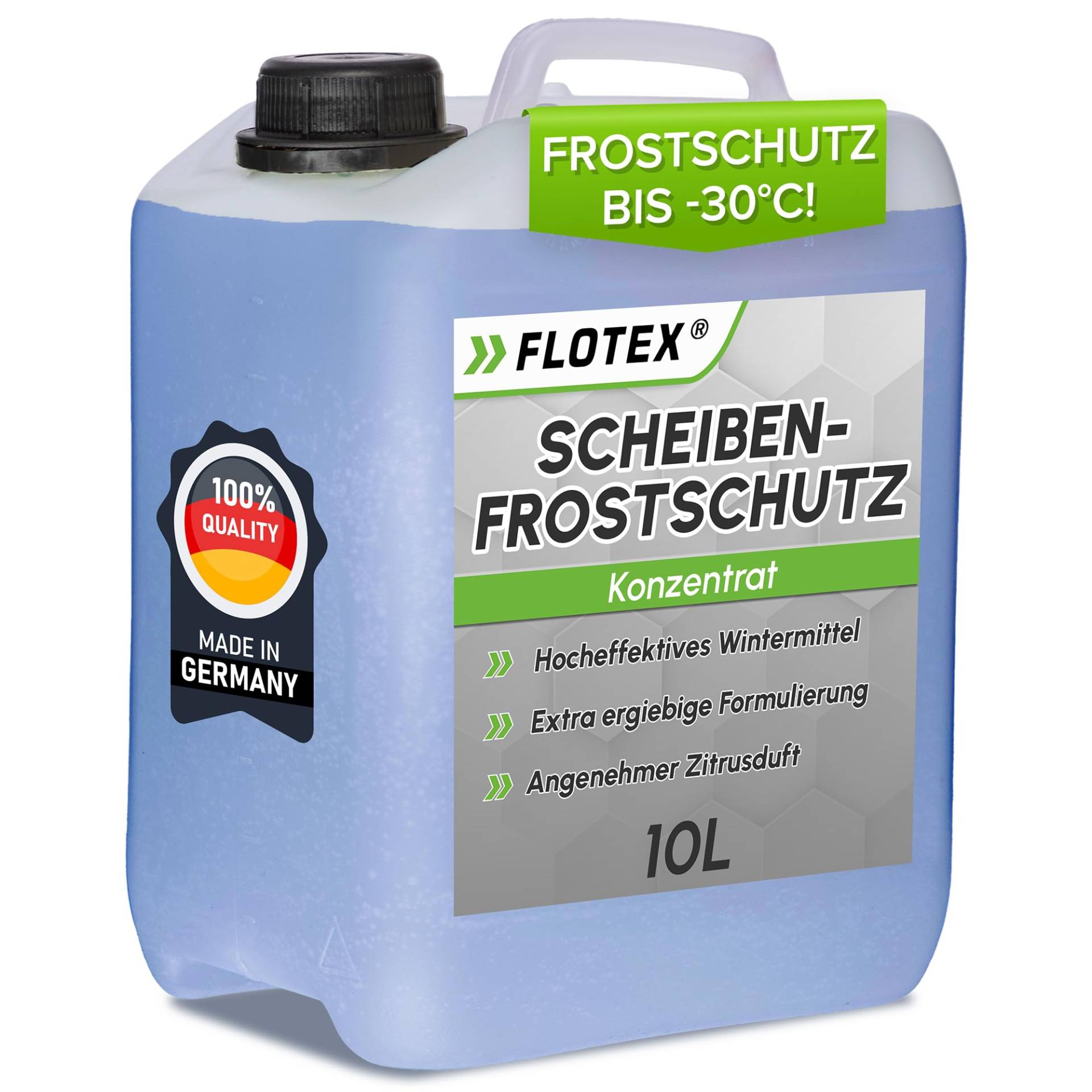 Flotex® Scheibenfrostschutz Konzentrat 10L – Hocheffektiver Scheibenwasser Frostschutz bis -30°C – Absolut rein & schlierenfrei - Sofort mischbereit – Angenehmer Citrusduft von Flotex