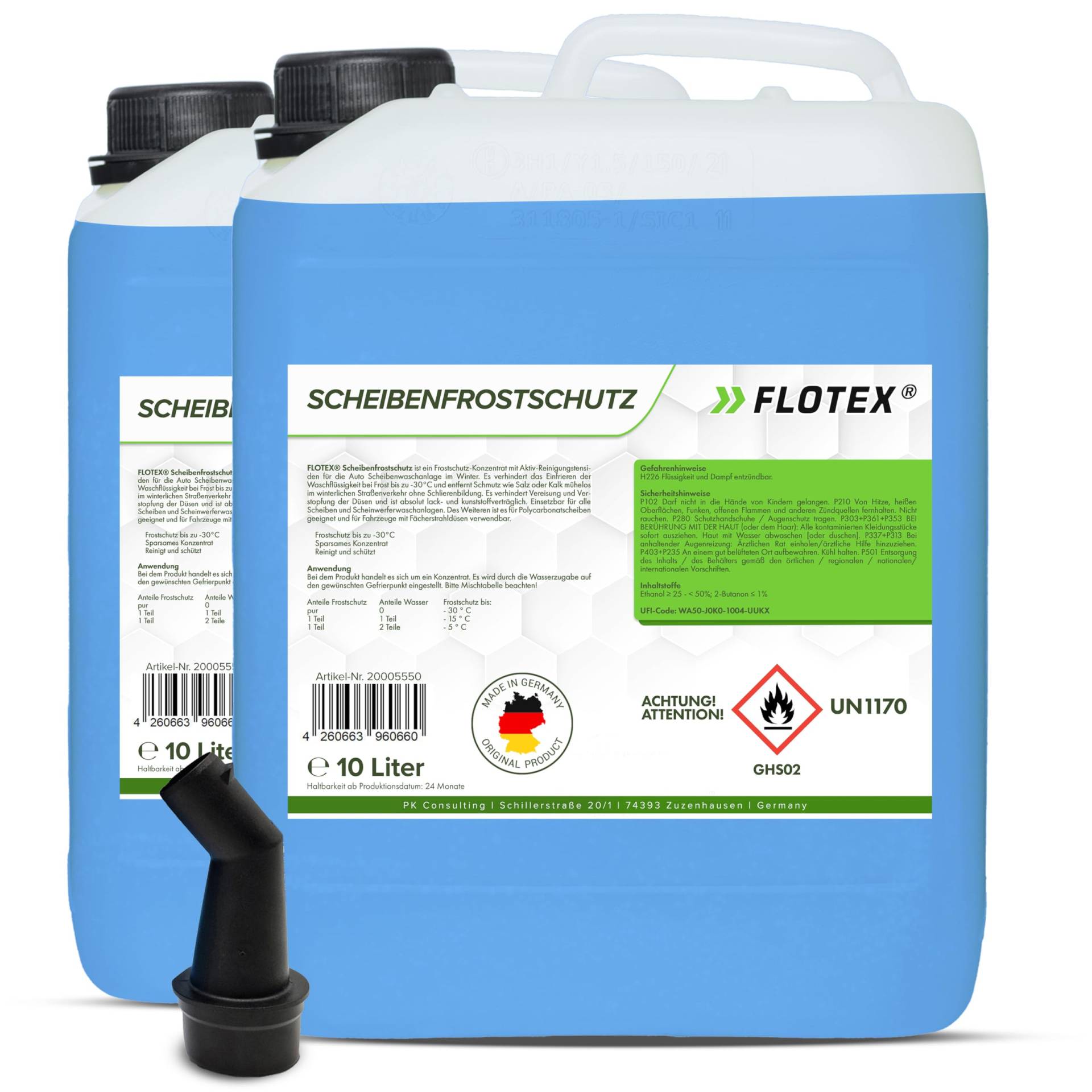 Flotex® Scheibenfrostschutz Konzentrat 2 x 10L – Hocheffektiver Scheibenwasser Frostschutz bis -30°C – Absolut rein & schlierenfrei - Sofort mischbereit – Angenehmer Citrusduft von Flotex