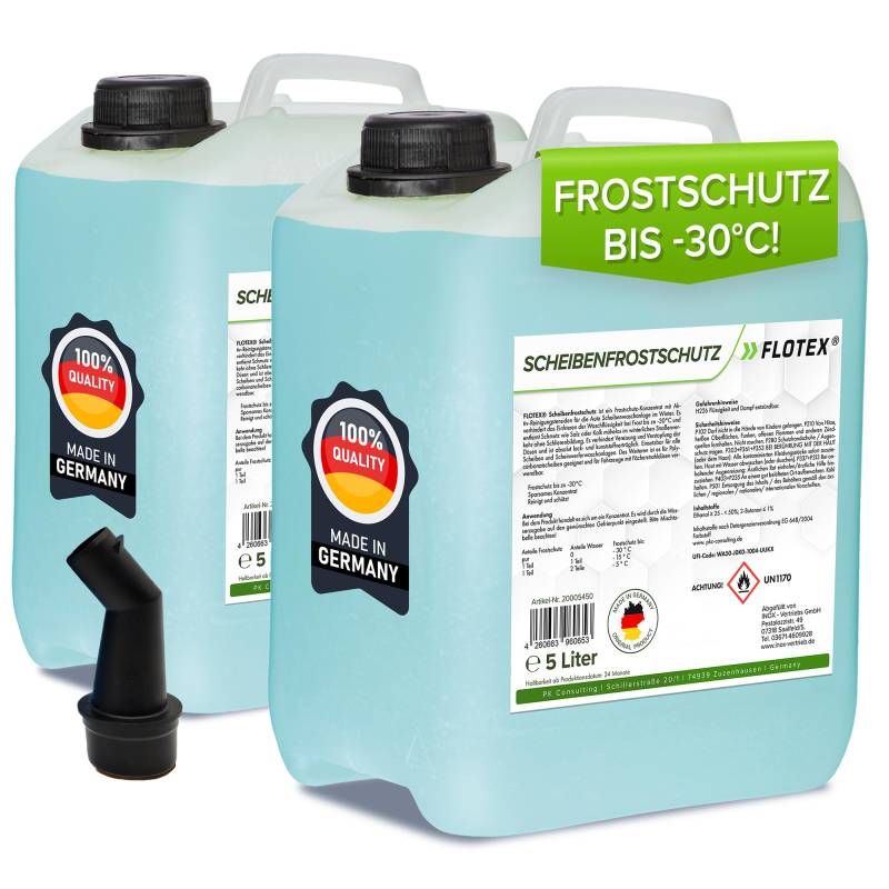 Flotex® Scheibenfrostschutz Konzentrat 2 x 5L – Hocheffektiver Scheibenwasser Frostschutz bis -30°C – Absolut rein & schlierenfrei - Sofort mischbereit – Angenehmer Citrusduft von Flotex