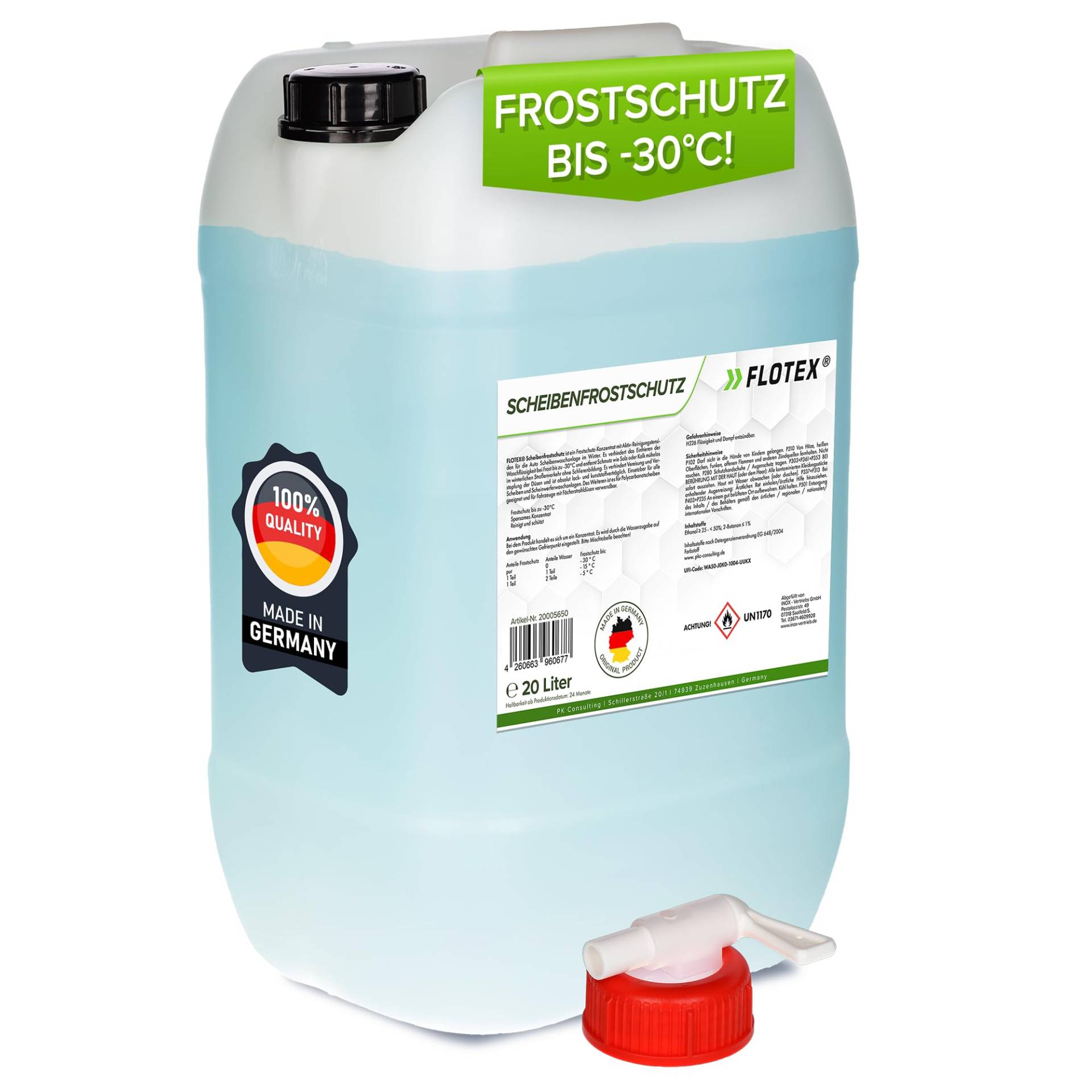 Flotex® Scheibenfrostschutz Konzentrat 20L – Hocheffektiver Scheibenwasser Frostschutz bis -30°C – Absolut rein & schlierenfrei - Sofort mischbereit – Angenehmer Citrusduft von Flotex