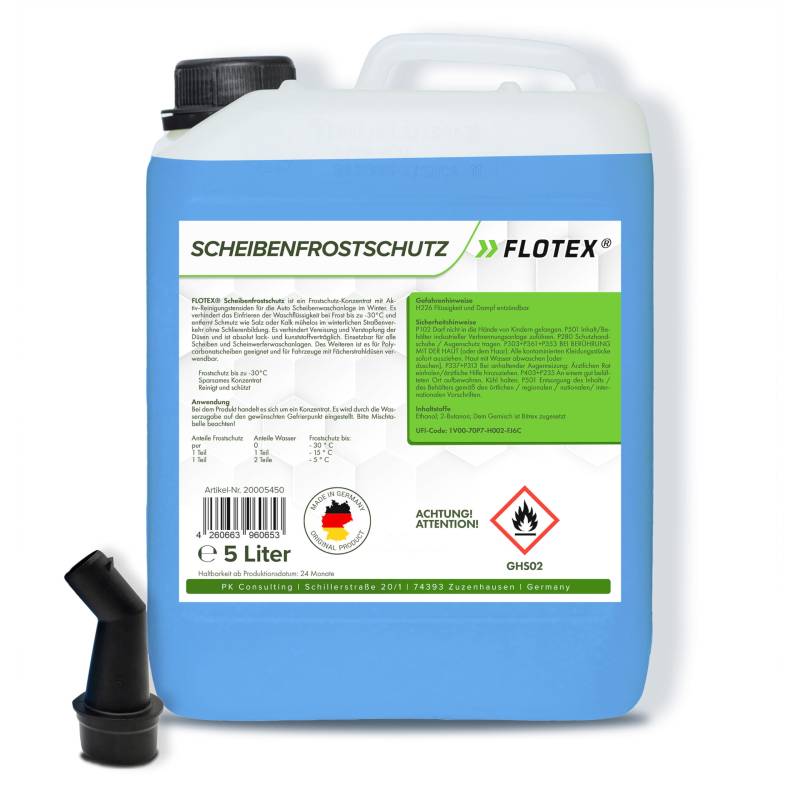 Flotex® Scheibenfrostschutz Konzentrat 5L – Hocheffektiver Scheibenwasser Frostschutz bis -30°C – Absolut rein & schlierenfrei - Sofort mischbereit – Angenehmer Citrusduft von Flotex