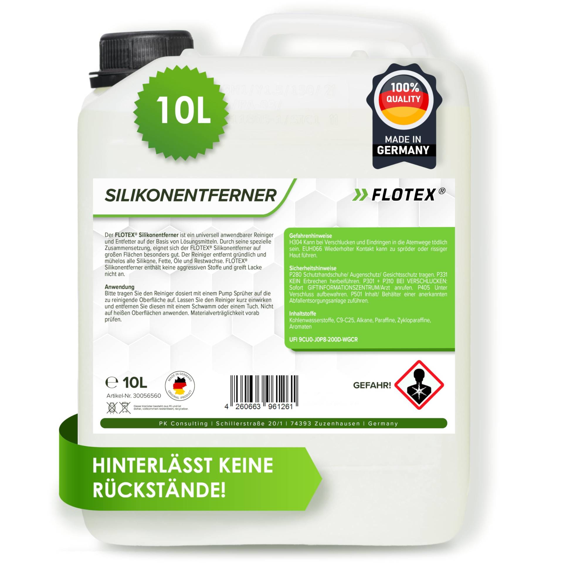 Flotex® - Silikonentferner 10l IFT-5060 | Wachsentferner für Autolack | Intensive Reinigung | Der Silikonreiniger entfernt problemlos Öl, Fett & Silikon | Besonders schonend von Flotex