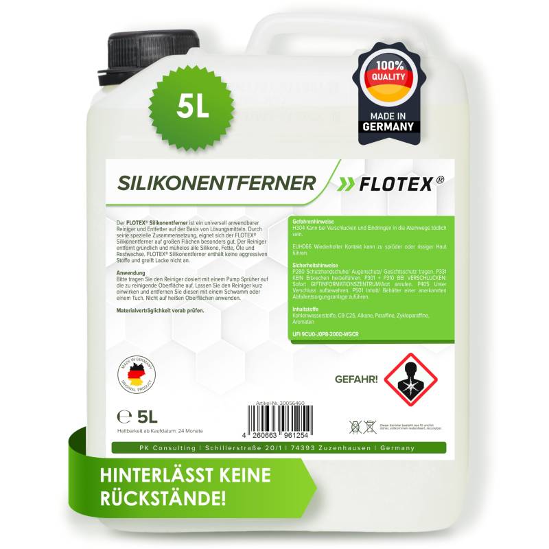 Flotex® - Silikonentferner 5l IFT-5060 | Wachsentferner für Autolack | Intensive Reinigung | Der Silikonreiniger entfernt problemlos Öl, Fett & Silikon | Besonders schonend von Flotex