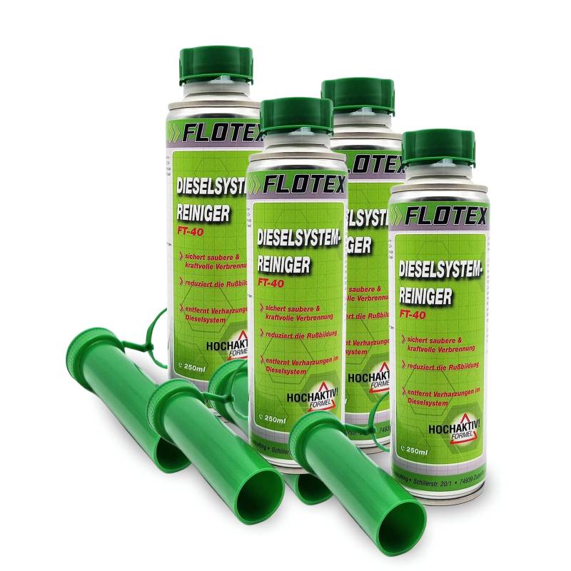 Flotex® - Effektiver Diesel Systemreiniger Additiv, 4 x 250ml | Diesel Zusatz für Dieselmotoren | Effiziente Verbrennung | Löst Verschmutzung & Verharzung im Dieselsystem von Flotex