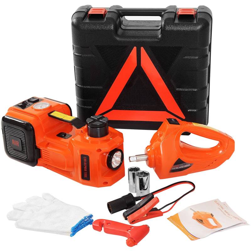 FlowerW 12V DC 5T Automatischer Wagenheber Elektrisch Auto Reparatur Werkzeug Kit Auto Elektrischer Wagenheber Elektrischer Hydraulischer Bodenheber mit Elektrischem Schlagschrauber Batterieklemme, Automatic Car Jack, Orange von FlowerW