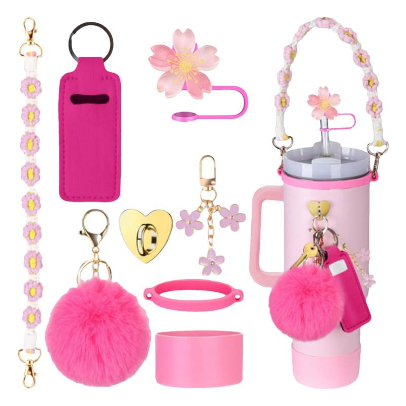 Tassenzubehör – Wasserflasche Griff Gurt – Tassen-Zubehör-Set Lippenstift-Halter Cup Boot Silikon Strohhalm Abdeckung Charm für Frauen von Fmzrbnih