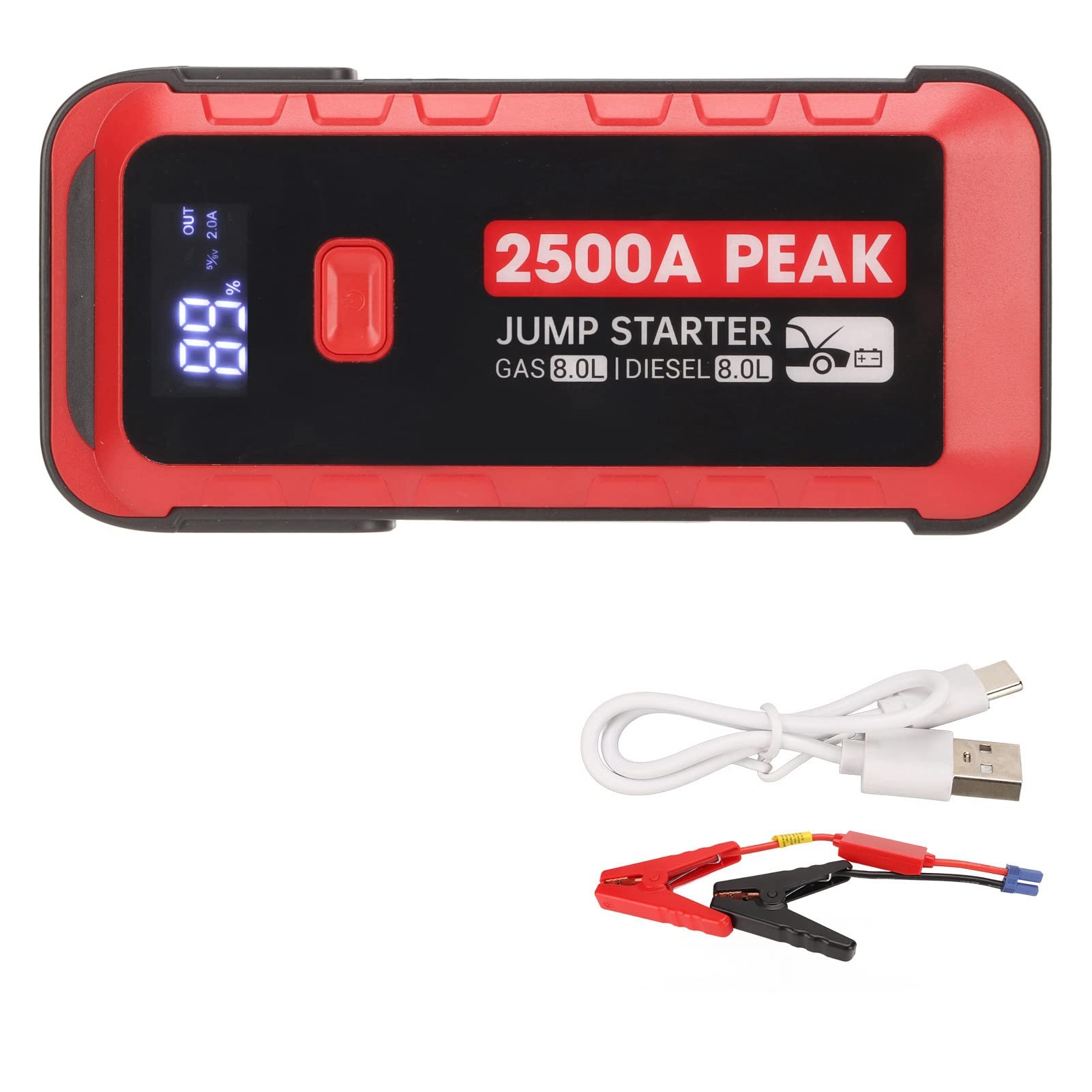 Autobatterie Starthilfe, 2500 A, 25800 MAh, USB Schnelllade LCD Display, Starthilfe für 12 V Fahrzeuge, Tragbares Ladegerät und Überbrückungskabel für Camping, 12 V Akku, von Fockety