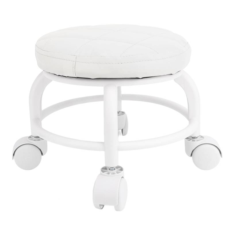 Fockety Niedriger Rollsitz, 360° Drehbarer Niedriger Rollhocker aus PU-Leder mit Rollen, Robuster Runder Rollhocker, Niedriger Rollhocker für Zuhause, Büro, Garage, Geschäft, Salon (White) von Fockety