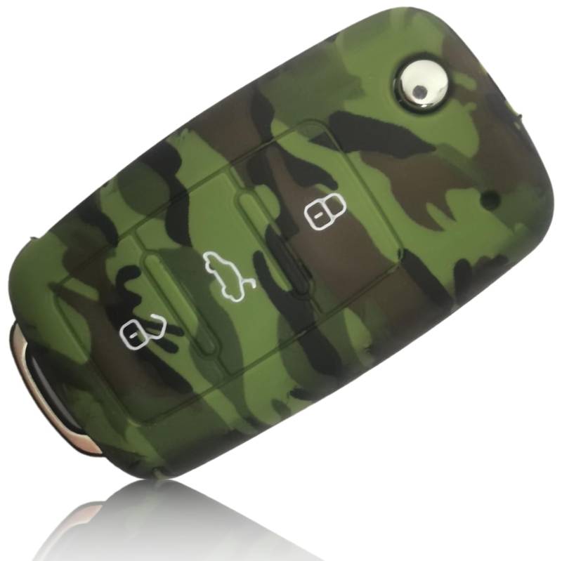 FOAMO Autoschlüssel Hülle Kompatibel mit VW Golf 6, SEAT, SKODA Autoschlüssel Silikon-Hülle Schlüssel-Hülle Schutz-Hülle für Autoschlüssel Camouflage Dunkel-Grün Dunkel-Braun Beige von FOAMO