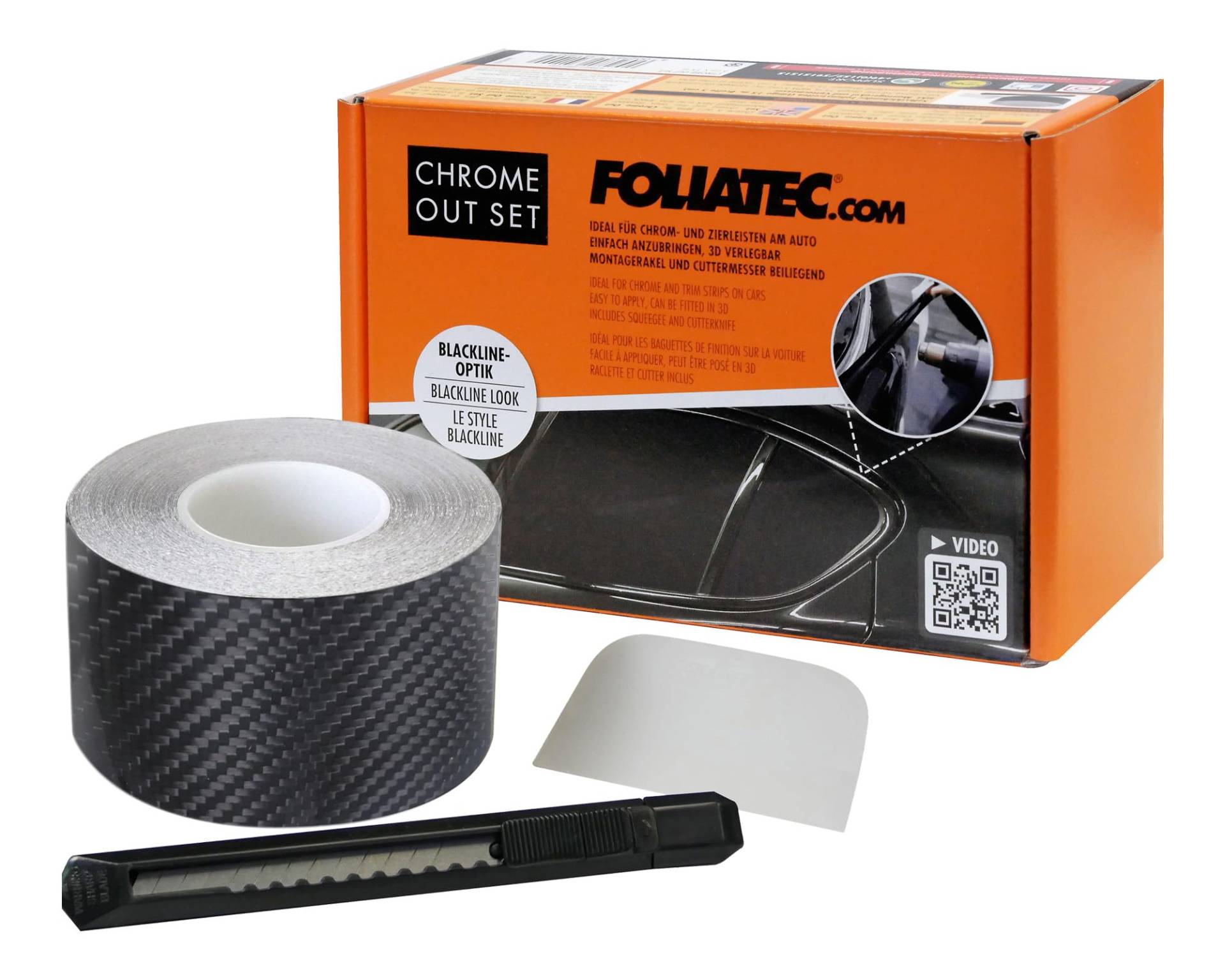 Foliatec Chrome Out Set Auto Zierleisten Folie Zierstreifen zum Folieren von Auto Chromleisten, carbon glänzend, 15m x 5cm von Foliatec