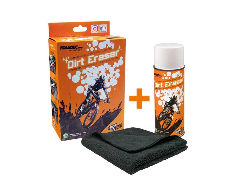 FOLIATEC Dirt Eraser Schaumreiniger Set Fahrrad Reiniger Spray + Mikrofasertuch für Bike, 400 ml von Foliatec