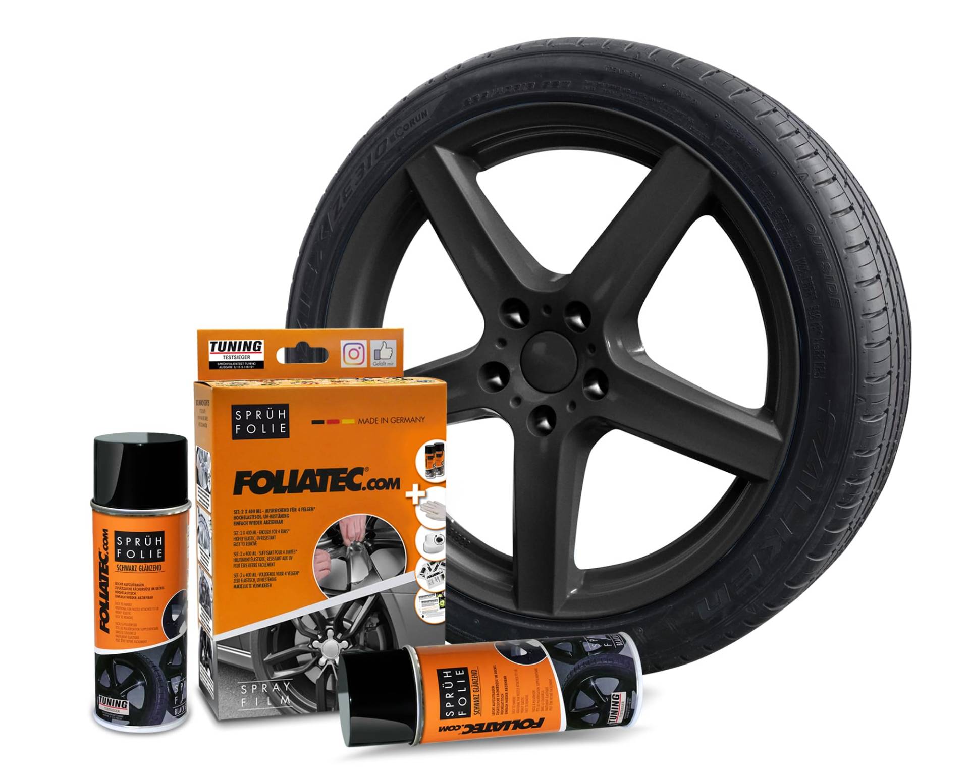 Foliatec Sprühfolie Auto Felgenfolie Sprüh Lack Set für 4 Felgen, Abziehbar, Gute Deckkraft, Schwarz Glänzend, 2x 400 ml von Foliatec