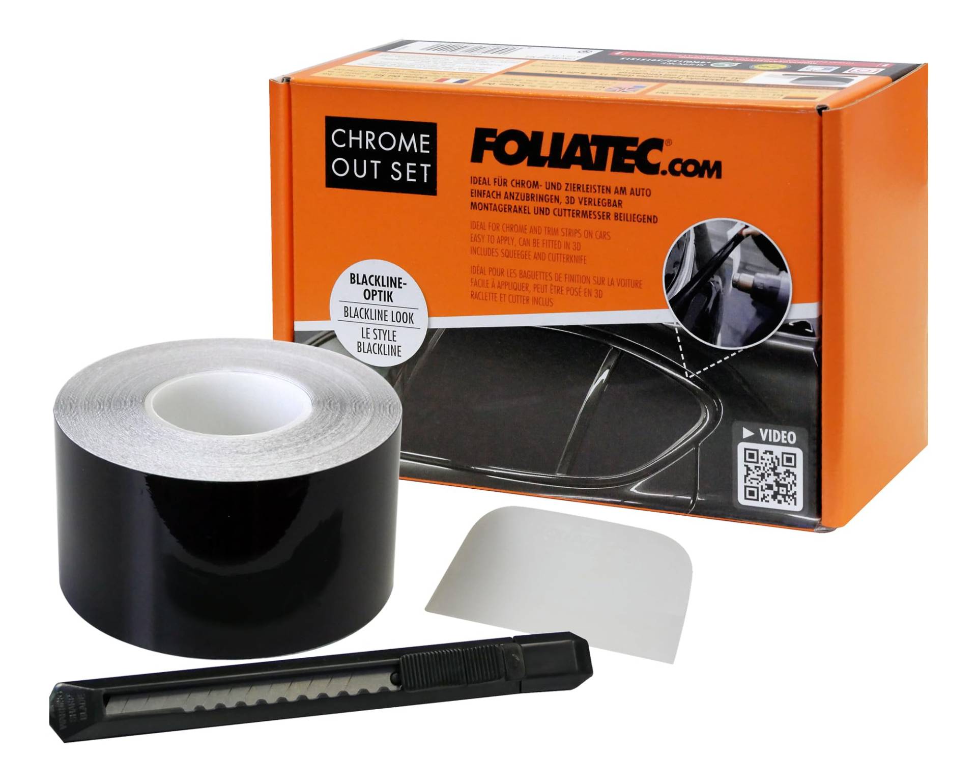 Foliatec Chrome Out Set Auto Zierleisten Folie Zierstreifen zum Folieren von Auto Chromleisten, schwarz glänzend, 15m x 5cm von Foliatec