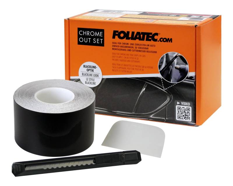 FOLIATEC Chrome Out Set Auto Zierleisten Folie Zierstreifen zum Folieren von Auto Chromleisten, schwarz matt, 15m x 5cm von Foliatec