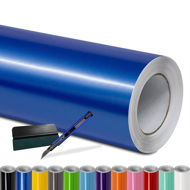 Folindo® Autofolie Blau Glanz (10€/m²) - 300 x 152 cm - Selbstklebende Car Wrapping Folie mit Luftkanälen - inkl. Rakel & Cutter - Blasenfreie Auto Folierung - Hochwertige Vinylfolie von Folindo