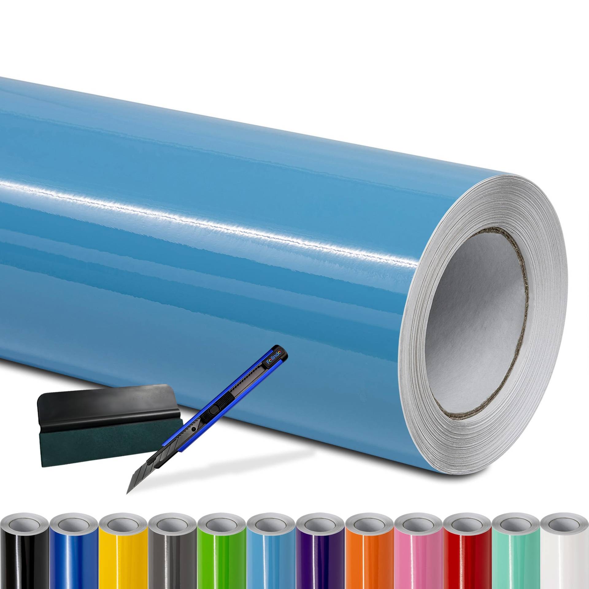 Folindo® Autofolie Hell Blau Glanz (10€/m²) - 300 x 152 cm - Selbstklebende Car Wrapping Folie mit Luftkanälen - inkl. Rakel & Cutter - Blasenfreie Auto Folierung - Hochwertige Vinylfolie von Folindo