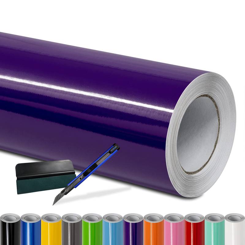 Folindo® Autofolie Lila Glanz (10€/m²) - 300 x 152 cm - Selbstklebende Car Wrapping Folie mit Luftkanälen - inkl. Rakel & Cutter - Blasenfreie Auto Folierung - Hochwertige Vinylfolie von Folindo