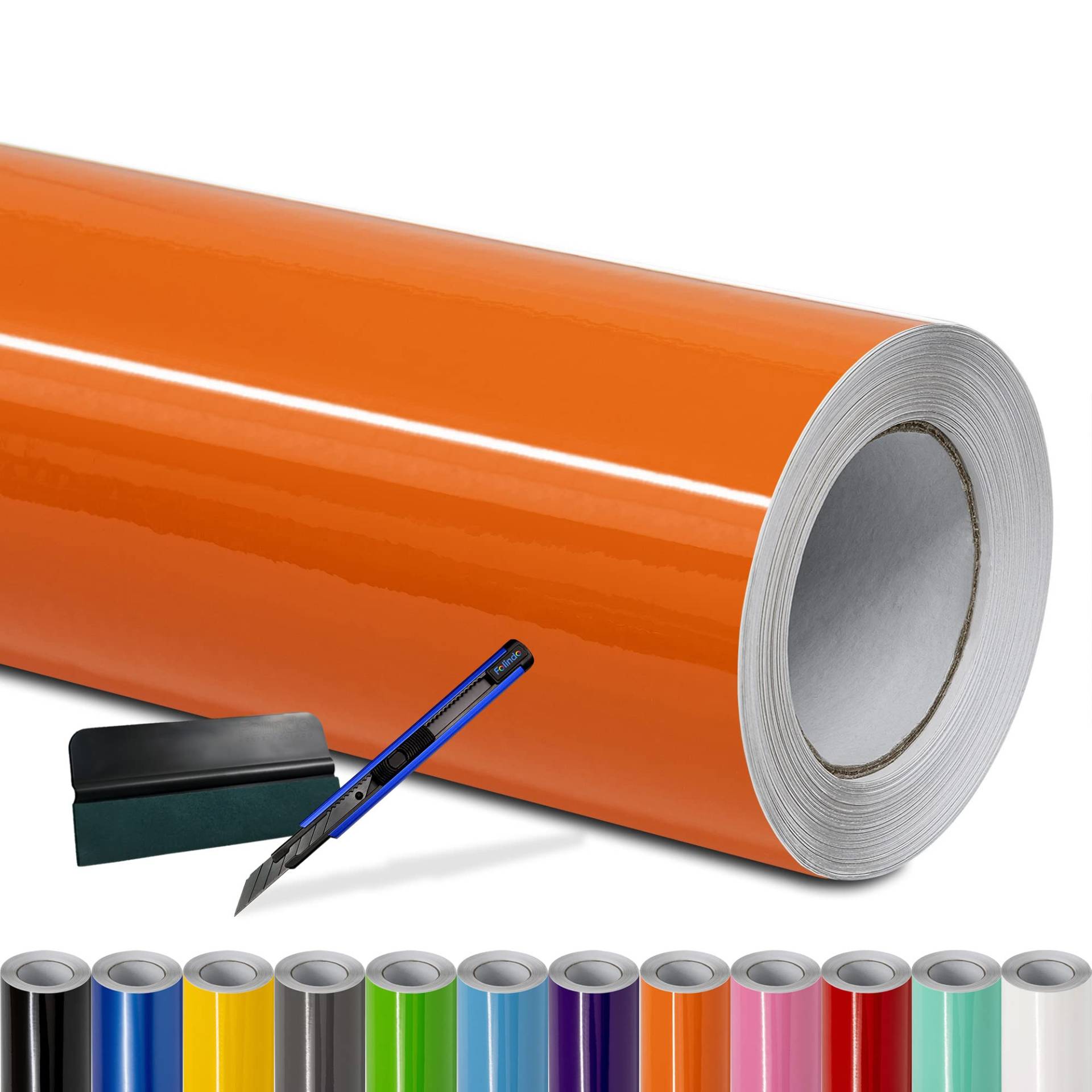 Folindo® Autofolie Orange Glanz (10€/m²) - 300 x 152 cm - Selbstklebende Car Wrapping Folie mit Luftkanälen - inkl. Rakel & Cutter - Blasenfreie Auto Folierung - Hochwertige Vinylfolie von Folindo