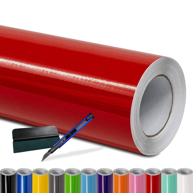 Folindo® Autofolie Rot Glanz (10€/m²) - 300 x 152 cm - Selbstklebende Car Wrapping Folie mit Luftkanälen - inkl. Rakel & Cutter - Blasenfreie Auto Folierung - Hochwertige Vinylfolie von Folindo