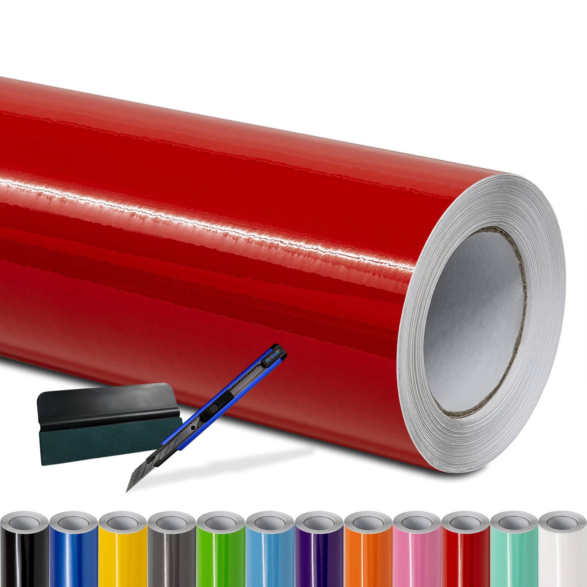 Folindo® Autofolie Rot Glanz (12€/m²) - 200 x 152 cm - Selbstklebende Car Wrapping Folie mit Luftkanälen - inkl. Rakel & Cutter - Blasenfreie Auto Folierung - Hochwertige Vinylfolie von Folindo