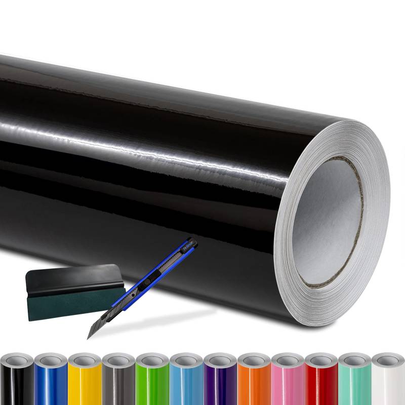 Folindo® Autofolie Schwarz Glanz (10€/m²) - 300 x 152 cm - Selbstklebende Car Wrapping Folie mit Luftkanälen - inkl. Rakel & Cutter - Blasenfreie Auto Folierung - Hochwertige Vinylfolie von Folindo